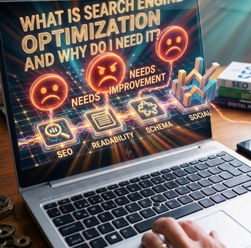 Laptop screen showing Yoast SEO analysis with needs improvement icons and title What is Search Engine Optimization and Why Do I Need It.